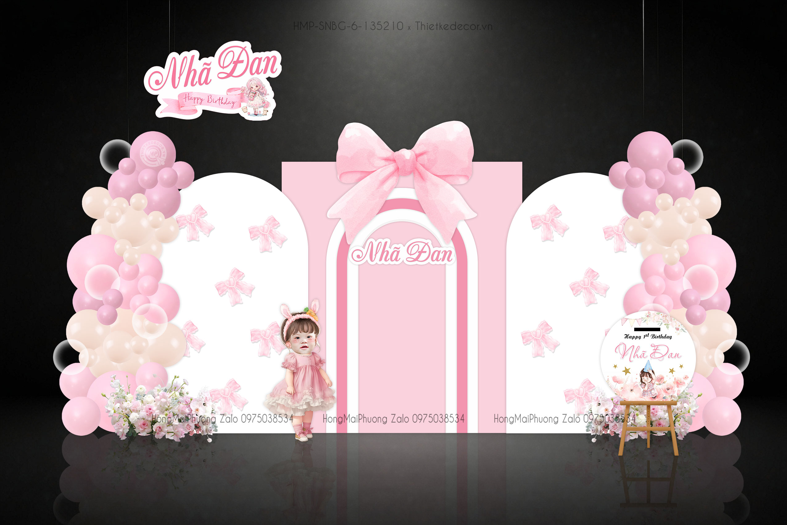 Sinh nhật bé gái tone hồng trắng gắn nơ xinh kèm thùng tiền và bảng chào